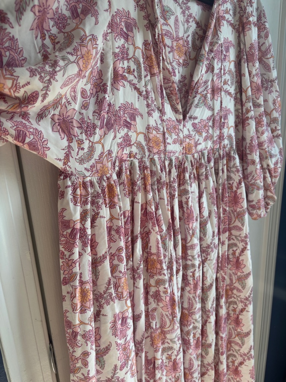 Floral Maxi Dress Boho Peasant V-Neck Flowy Cottagecore Size M Feminine Romantic - Picture 9 of 11